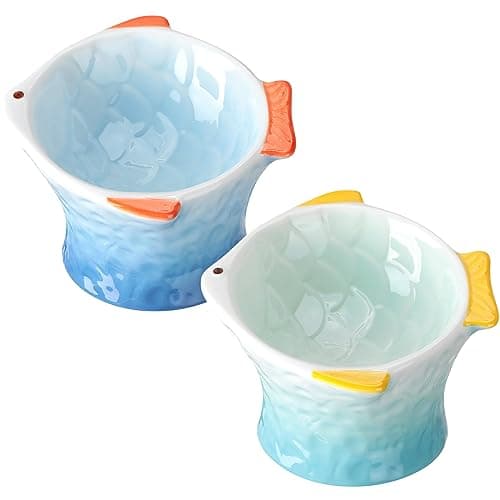 Tioncy 2 Pcs Raised Tilted Ceramic Cat Food Bowl Fish Shape Cute Elevated Slanted Shallow Angled Cat Dish Non Slip Feeder Bowl for Anti-Vomiting and Whisker Fatigue(Blue, Green)