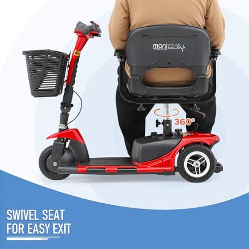 monicare 3-Wheel Folding Mobility Scooter for Adults 12-Mile Long Range Foldable Heavy-Duty Mobility Scooter for Seniors with Basket (Red) 5