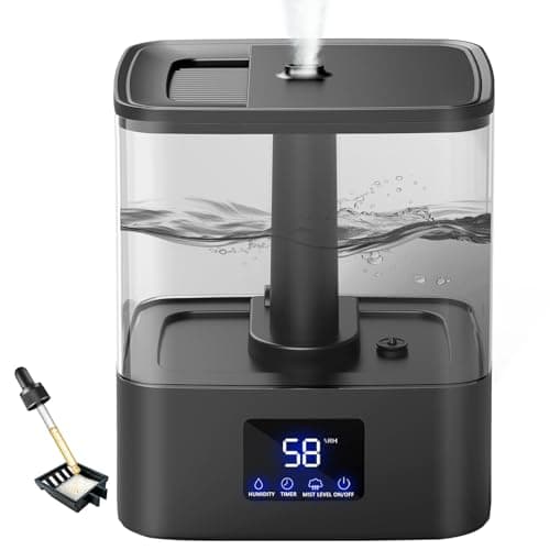 KZF 4L Top Fill Humidifiers for Bedroom & 60H Runtime - Cool Mist Humidifier, 3 Mist Levels, 8H Timer, Essential Oil Tray, Humidity Display, Quiet for Bedroom, Baby, Plants, Large Room (Black, 6L)