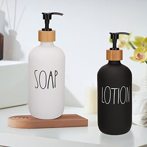 Soap Dispenser Bathroom Set, Hand Soap and Lotion Dispenser Set with Tray for Bathroom, Black and White Bathroom Decor Modern Farmhouse Decor Kitchen Art Dish Soap Holder (Black & White) 7