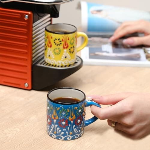 Ceramic Espresso Cups, 5 Oz Espresso Cups Set of 4, Handmade Espresso Cup, 2.75 Inch Espresso Mugs, Multicolor Demitasse Cups, Microwave & Dishwasher Safe Espresso Mugs, Coffe Mug (SULTAN'S GARDEN) 8