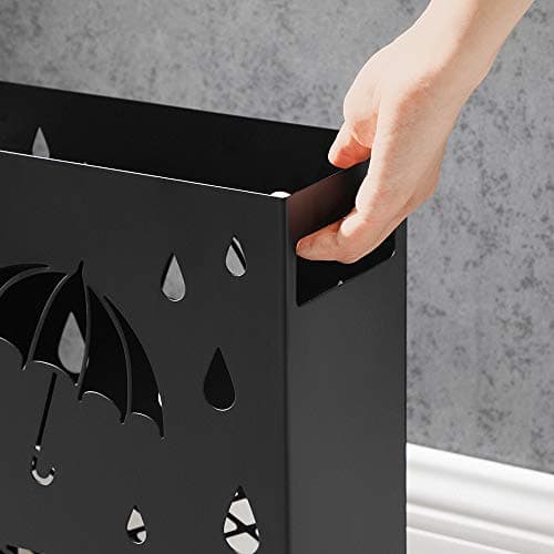 SONGMICS Metal Umbrella Stand, Rectangular Umbrella Holder Rack, with a Removable Drip Tray, 4 Hooks, Cutout Design, for Entryway, Office, Black ULUC004B01 6