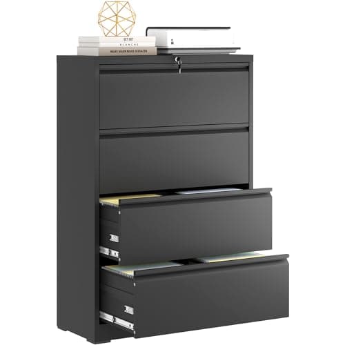 DARTIIA 4 Drawer Lateral File Cabinet with Lock, Metal Filing Cabinets for Home Office, Steel Storage Wide File Cabinet for Letter/Legal/F4/A4 Size with Hanging Bars, Require Assembly(Black)