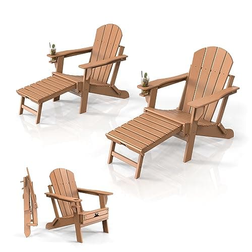 VINGLI Folding Adirondack Chair Set of 2 with Ottoman, Waterproof Plastic HDPE Firepit Chair for Outside with Hidden Footrests, Foldable Ergonomics Seating for Patio Porch Yard Garden(Teak)