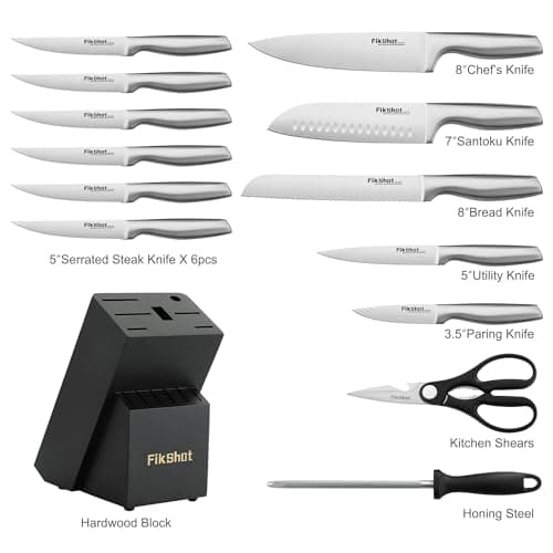 FIKSHOT Kitchen Knife Set, Including Knife Block Set and Sharpener - Made of High Carbon Steel, Rust-Resistant, Ergonomic Handle, Suitable for Cooking, Grilling and Gifting 5