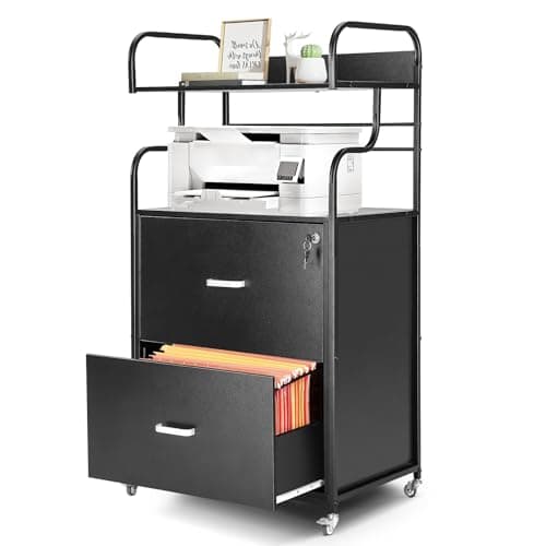 YORKING Vertical File Cabinet, 2 Drawer Mobile Filing Cabinet with 1 Bookshelf, Printer Stand with Open Storage Shelves Fits A4/Letter/Legal Size File Cabinets for Home Office Organizer, Black