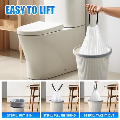 LainNeala 60 Counts 4 Gallon Small Drawstring Trash Bags, Small Garbage Bags Code a fit 10-15 Liter, 3.5-4 Gal Mini Trash Bag, White Trash Bin Liners for Home Office Kitchen Bathroom Bedroom 6