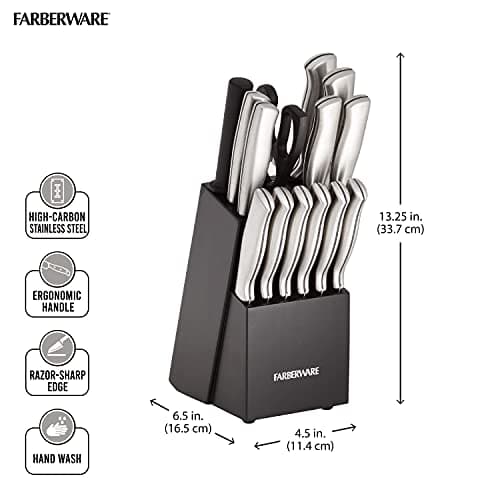 Farberware 15-Piece Kitchen Knife Set, High-Carbon Stainless Steel Blades with Wood Block, Steak Knives, Sharpening Tool & All-Purpose Shears, Razor Sharp, Ergonomic Stainless Steel Handles 2
