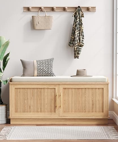 Akxomel Fluted Shoe Storage Bench with Cushion, 39.4" Entryway Bench with Adjustable Shelves and 2 Doors, Shoe Cabinet Bench with Curved Profile, for Hallway, Living Room, Bedroom, Natural Oak