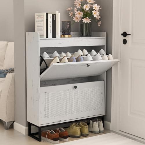 LubanNese Shoe Storage Cabinet with 2 Flip Drawers, Rattan Shoe Storage Organizer with Metal Legs for Entryway, Narrow Shoe Rack Cabinet, White