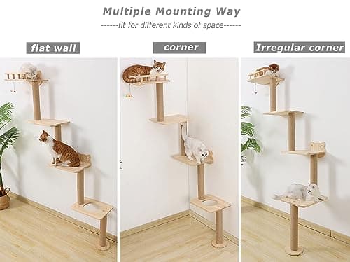 Cat Tree Wall Mounted with 4 Levels Shelves, 73" Wood Corner Tower Inside Kitten Scratching Post for Climbing,Perching and Lounging (Right to Left) 6