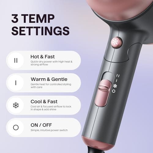 Wavytalk Portable Hair Dryer with Diffuser, Foldable Mini Hair Dryer with Lightweight Design, 1600W Small Hair Blow Dryer with Diffuser for Curly Hair Fast Drying, Rose Pink 6