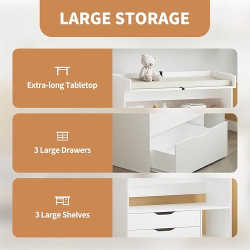 Pipleo Baby Changing Table Dresser with 3 Drawers and 3 Storage Shelves, Can be Used as a Baby Dresser with Changing Table Top, a Baby Changing Station, a Wood Diaper Changing Station (White) 5