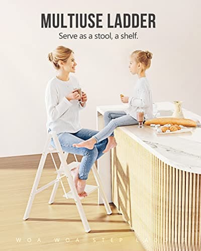 WOA WOA 3 Step Ladder, Foldable Step Stool, Lightweight Ladder for Home Kitchen Closet, Anti-Slip Aluminum Pedals, Ease of Folding, Portable, 300lbs Capacity - White 7