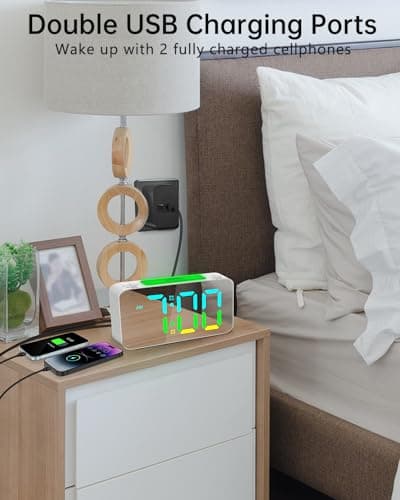 RGB Digital Mirror Alarm Clock, 15 Dynamic Color & 7" Large Screen, 7-Color Night Light, 2 USB Charger, 2 Loud Alarm,4 Dimmable Level,Battery Backup,Plug-in Bedroom Clock for Heavy Sleeper Kid Elderly 7