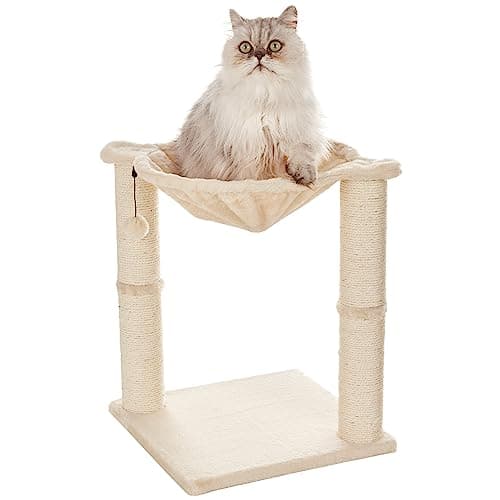 Amazon Basics Cat Tower with Hammock Bed and Scratching Post for Indoor Cats, Easy to Assemble, Interactive Hanging Ball, 15.8" x 15.8" x 19.7", Beige