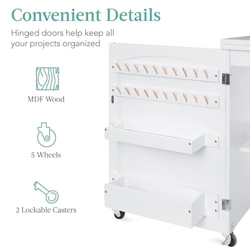 Best Choice Products Folding Sewing Table Multipurpose Craft Station & Side Desk with Compact Design, Wheels, Shelves, Storage Trays, Pegs, Magnetic Doors, Metal Doorknobs - White 7
