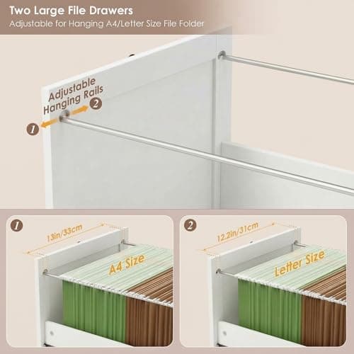 HIFIT 72'' Tall File Bookcase with Power Outlet & Printer Stand, 2 Drawer Filing Cabinets for Home Office Fit Hanging A4 File, Storage Cabinet w/ 3 Tier Open Book Shelf & Doors for Living Room, White 6