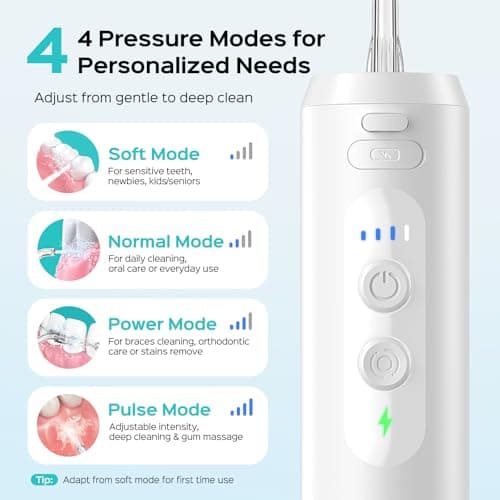 COSLUS T40 Mini Water Flosser for Travel: Portable Compact Design, Cordless Oral Irrigator with 4 Jet Tips Storable, IPX7 Waterproof for Braces, Orthodontic, Sensitive Gums Outing & Home, White 8