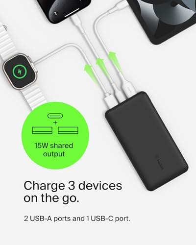 Belkin Portable Charger, USB-C Power Bank 20000 mAh w/ 2 USB-A Ports, 15W w/ Type-A to Type-C Cable - iPhone 17, Air, Pro, Pro Max, AirPods, Apple Watch, Samsung Galaxy S25, Google Pixel 10 - Black 5