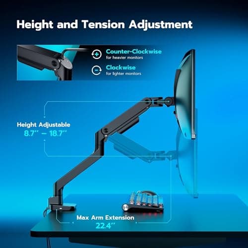 ARES WING Ultrawide Monitor Arm with USB A/C, for 17 to 49 inch Heavy Duty Screen, Holds 44 lbs, Adjustable Gas Spring Arm Desk Mount with Clamp and Grommet Base, Black 6