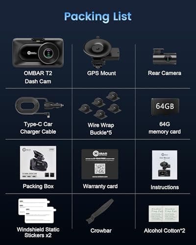 OMBAR Dash Cam Front and Rear, 4K/2.5K Ultra HD Dash Camera for Cars, Included 64GB Card, Built-in 5G Wi-Fi & GPS, 3.16” IPS Screen, Night Vision, 170°Wide Angle, HDR, 24H Parking Mode(T2) 9