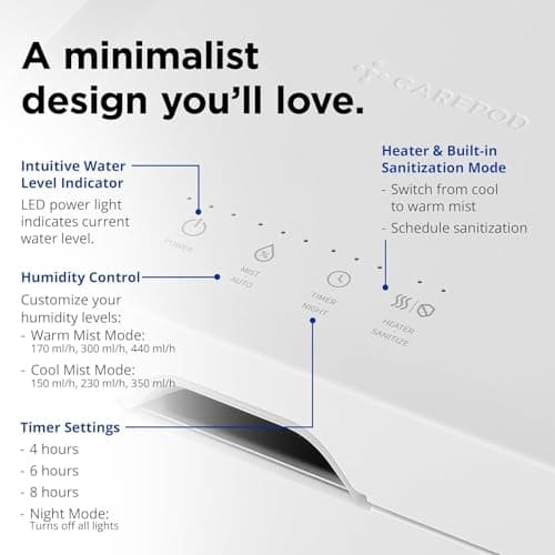 Carepod Cube Plus X50V Stainless Steel Humidifier - Easy to Clean, 3 Mist Level Settings, Auto-Humidity & Auto Shut-Off Feature, One Touch Built-in Sanitization, No Filters, Lasts 32Hrs (1.1Gal/4.2L) 5