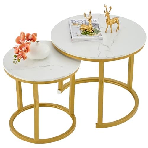 Hoctieon Nesting Coffee Tables, Round Nesting Tables Set of 2, End Tables, Stacking Nesting Tables for Living Room, Circle Coffee Tables, Side Tables Wooden Table Top, Gold&White