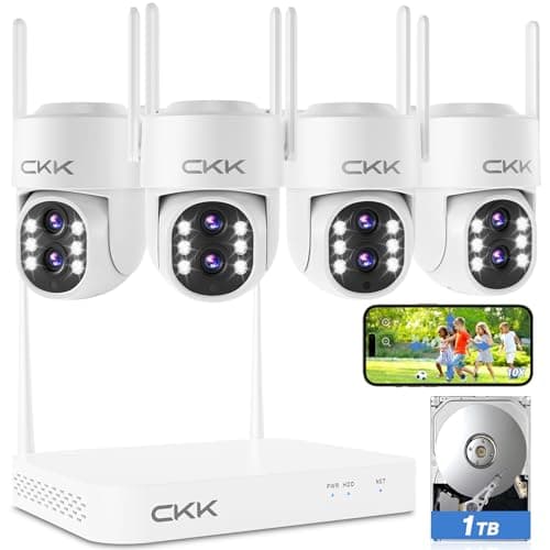 CKK Wireless Security Camera System with 10CH NVR, 1TB HDD, 4PCS Dual WiFi Outdoor Cameras with Dual Lens, PTZ, AI Motion Detection, Color Night Vision, 2-Way Talk, Floodlight Alarm, IP66 Waterproof