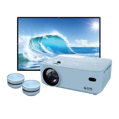 Core Innovations Home Theater Bundle with Projector, 120" Screen, and Two Mini Bluetooth Wireless Bone Conduction Instant Speakers, Sea Blue