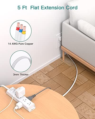 Flat Plug Power Strip, Ultra Thin Flat Extension Cord - Addtam 12 Widely AC 3 Sides Multiple Outlets, 5Ft, Wall Mount, Desk Charging Station for Home Office Dorm Room Essentials 6