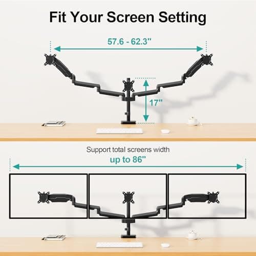 MOUNT PRO Triple Monitor Mount, 3 Monitor Desk Mount for Three Screens up to 32 Inch, Full Motion Gas Spring Heavy Duty Arm Hold up to 19.8lbs Each, Black 8