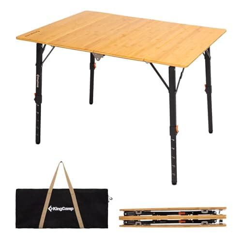 KingCamp Bamboo Folding Table, 4-Fold Camping Adjustable Height Portable Outdoor Lightweight & Compact Table with Aluminum Frame for RV Picnic BBQ Tailgating