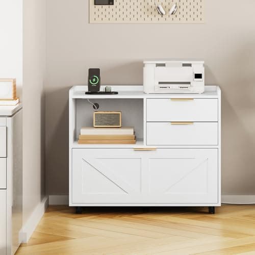 HOOBRO Lateral File Cabinet, Wooden Office Storage Drawers with Charging Station, Filing Cabinet for Home Office, A4/Letter/Legal-Sized Files, Printer Stand with Open Storage Spaces, White WT37UWJ01 8
