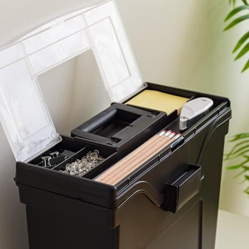 IRIS USA Portable File Box With Handle, Slim w/Organizer Lid, Plastic File Organizer Box for Letter Files, Hanging Filing Folder Organizer, Lockable, Secure Buckle, Black 6