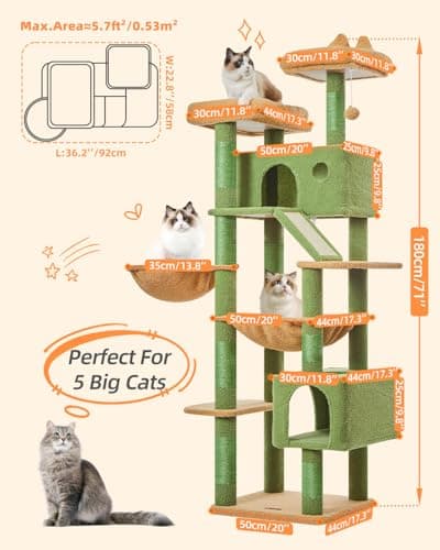 Taoqimiao Cactus Cat Tree, 71-Inch Cat Tower for Indoor Cats Large Adult, Multi-Level Large Cat Condo, 8 Sisal Scratching Posts, Metal Frame Cozy Hammock, Scratch Board, 2 Top Perches, MSC026L 7