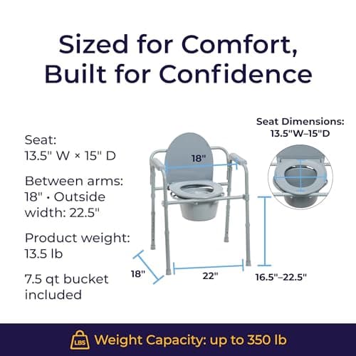 Drive Medical Folding Steel Bedside Commode Chair - Portable 3-in-1 Toilet Solution - Adjustable Height - 7.5 Qt Bucket Included - Durable Powder-Coated Steel Frame - Supports up to 350 Lb 7