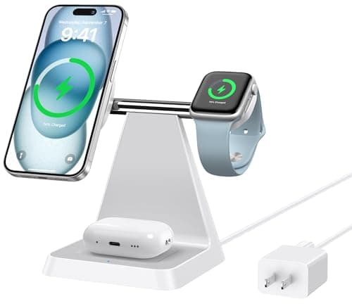 Magnetic Wireless Charger for iPhone - 3-in-1 Fast Charging Station Compatible with MagSafe Charger iPhone 16-12 Series Apple Watch AirPods for Nightstand Desktop Bedside (White)