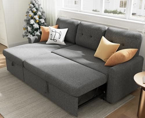 IULULU Sleeper Sofa, L Shaped Sectional Couch with Pullout Bed, Reversible Storage Chaise, 2 in 1 Pull Out Couches for Living Room, Apartment, Guest Room, Playroom, Deep Grey