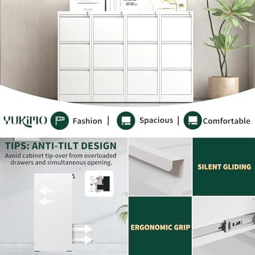 Yukimo 3 Drawer File Cabinet with Lock, Vertical Filing Cabinets for Home Office, Locking File Cabinet Hanging Files for A4/ Legal/Letter, Require Assembly, White 6
