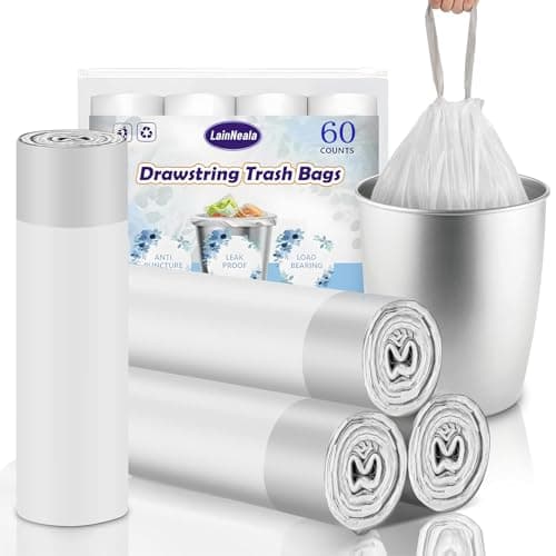 LainNeala 60 Counts 4 Gallon Small Drawstring Trash Bags, Small Garbage Bags Code a fit 10-15 Liter, 3.5-4 Gal Mini Trash Bag, White Trash Bin Liners for Home Office Kitchen Bathroom Bedroom