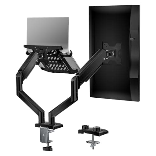 WALI Dual Arm Laptop and Monitor Desk Mount for 17" Notebook and Up to 32" Screen, Gas Spring Dual Monitor Arm with Laptop Tray, Holds up to 19.8 lbs per Arm, VESA 75x75 100x100, Black (GSMP002LP)