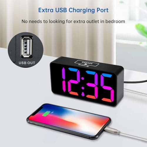 DreamSky Small Digital Alarm Clocks for Bedrooms - RGB Electric Alarm Clock for Kids Bedside Nightstand, Desk Clock with Large Numbers, Dimmer, Adjustable Alarm Volume, USB Port, USB-C Adapter Powered 6