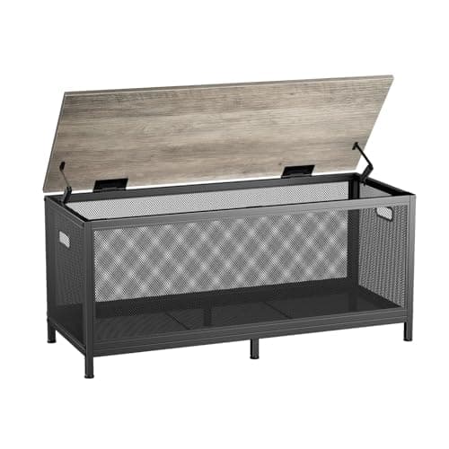 VOPEAK Storage Bench, Storage Chest with 2 Safety Hinges, 43.3 x 15.7 x 17.7 Inches Coffee Table, Wooden Metal Frame Storage Trunk Easy Assembly Shoe Storage Bench for Bedroom, Outdoor, Light Gray