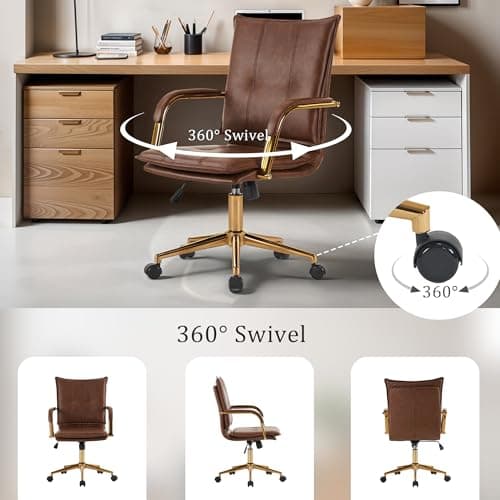 MOJAY Mid-Back Ergonomic Leather Office Desk Chair, Modern Upholstered Computer Chair, Executive Office Chair with Arms, Swivel Adjustable Rolling Chair with Gold Base (Brown) 6