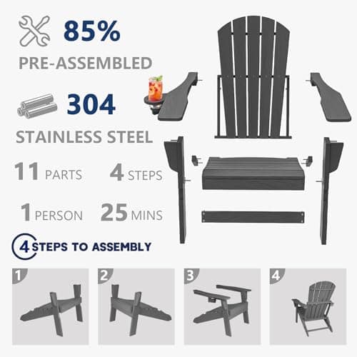 Plawdlik Folding Adirondack Chair, SGS Tested, Wooden Textured with Cup Holder, Heavy All-Weather HDPE Comfortable Set Poolside Backyard Lawn Grey 6