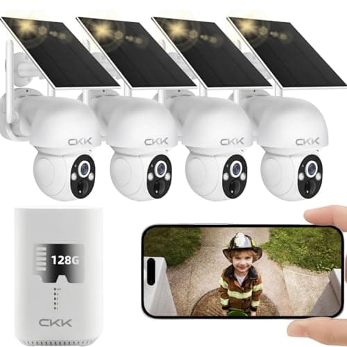 CKK 2.5K Solar Security Cameras Wireless Outdoor,Family Safety System,4 Cameras Kit with Full Color Night Vision,360° View,2.4Ghz WiFi Camera,2-Way Audio,Spotlight,128G Local Storage,No Monthly Fee