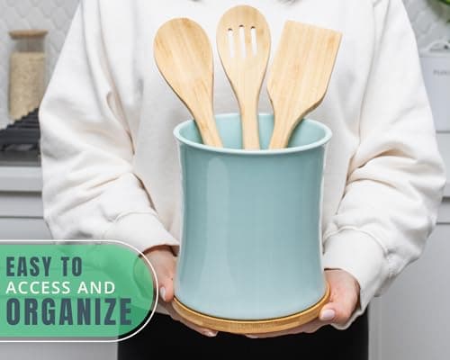 Comfify Large Ceramic Kitchen Utensil Holder with Bamboo Base - Modern Utensil Crock for Countertop Organization - Kitchen Counter Organizer for Cooking Tools, Spatulas, Spoons & More - Blue Ceramic 5