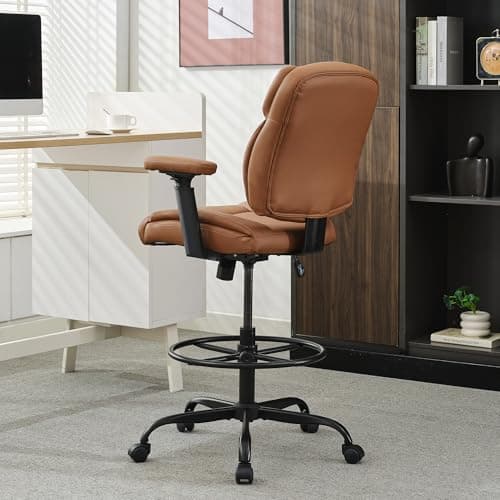 Okeysen Drafting Chair Standing Desk Chair, 500 LBS Leather Big and Tall Office Chair with Adjustable Armrests & Foot Ring, Modern Tall Desk Chair with Mid Back, Swivel Rolling Drafting Stool. 3