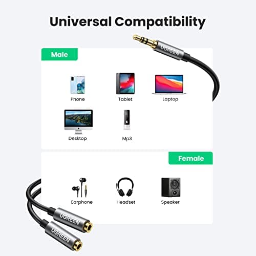 UGREEN Headphone Splitter 3.5mm Audio Stereo Y Splitter Aux Extension Cable Male to Female Dual Headphone Jack Adapter for Earphone Compatible with Switch 2/PS4/PS5 iPhone iPad, Tablet, Laptop, 7.87" 7